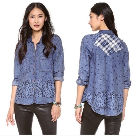 Free People Dottie Over You Button Front Shirt Floral Plaid Size Medium - Picture 1 of 8